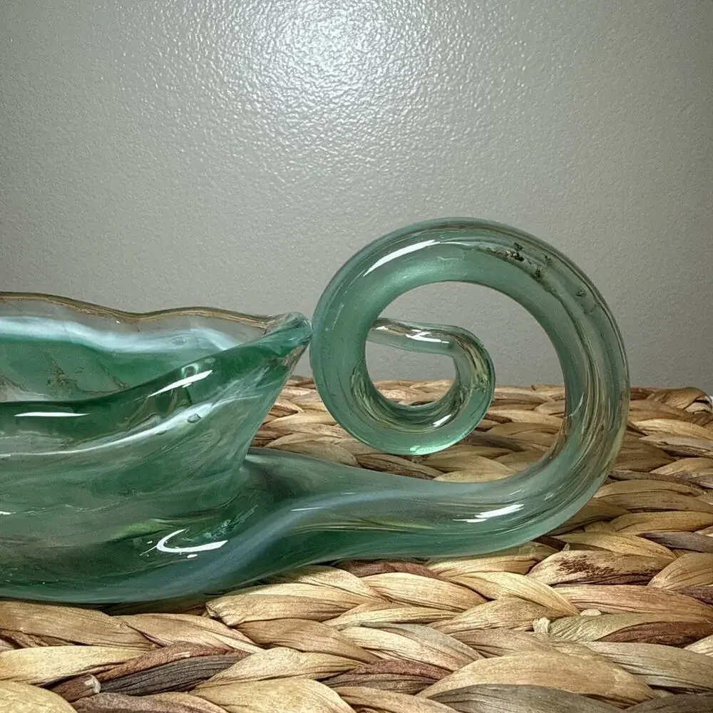 Vintage Aqua Art Glass Console Bowl Freeform Dish Vase Scroll Handle MCM 9.6”